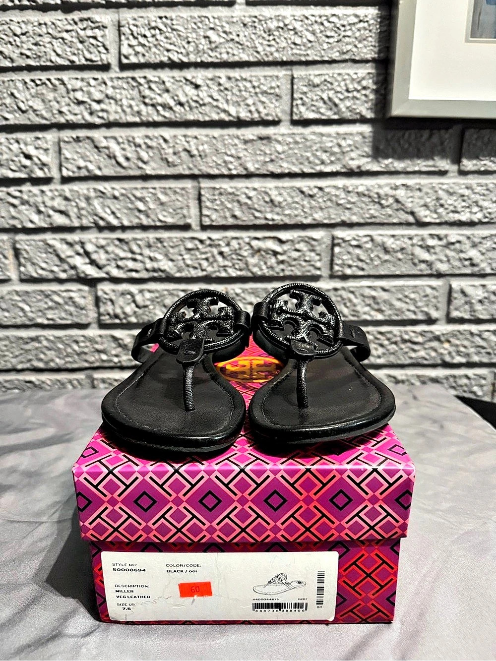 Tory Burch Miller Veg Leather Sandal Black & Pink US 7.5 Like New